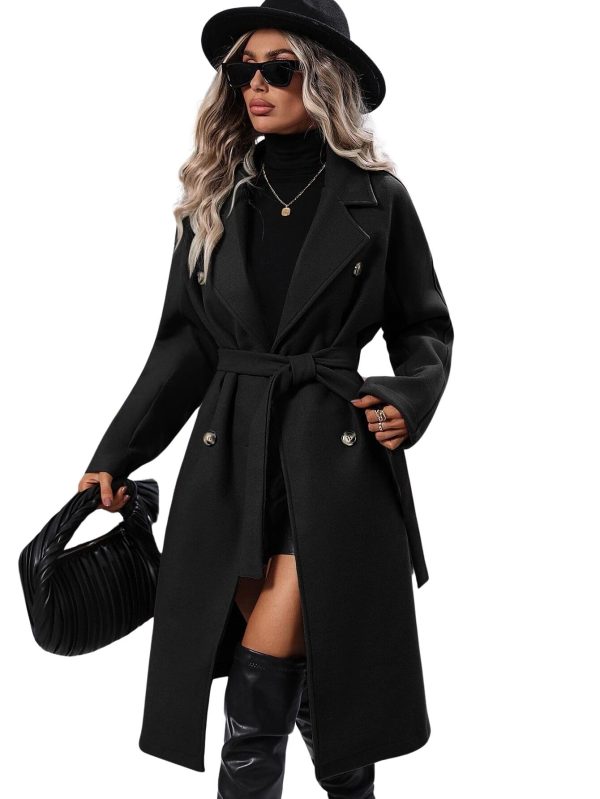 Womens Long Wool Pea Coat Notched Lapel Double Breasted Trench Coat Winter Warm Overcoat with Belt