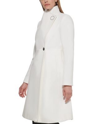 Women's Ring Snap Detail Asymmetrical Closure Stand Collar Welt Pockets Coat