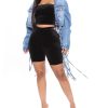 Womens Loose Long Fringe Distressed Denim Jacket Cropped Button Down Ripped Back Knotted Jean Coat
