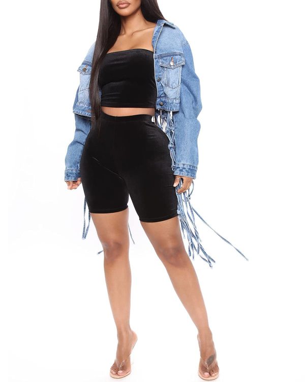 Womens Loose Long Fringe Distressed Denim Jacket Cropped Button Down Ripped Back Knotted Jean Coat