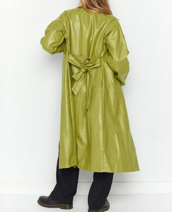 Women's Casual PU Leather Long Jacket Lapel Open Front Trench Coat with Belt