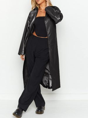 Women's Casual Lapel Open Front Pu Faux Leather Long Trench Coat with Belt