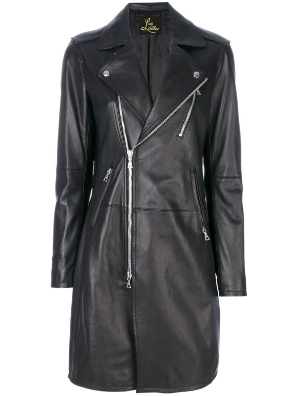 Women's Embedded Long & Shiny Black Lambskin Leather Jacket