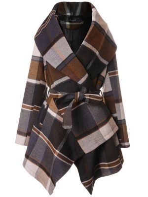 Women's Turn Down Shawl Collar Earth Tone Check Asymmetric Hemline Wool Blend Coat