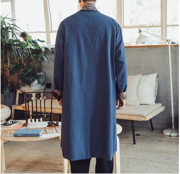 Mens Long Kimono Cardigan Open Front Print Cotton Linen Trench Coat
