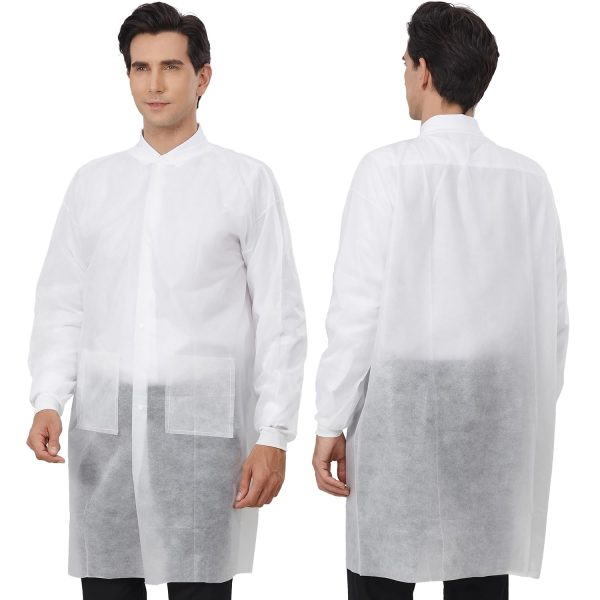 Disposable Lab Coats for Adults Pack of 10 White Coat 2 Pockets with Knitted Cuffs and Collar (Small-2XL)