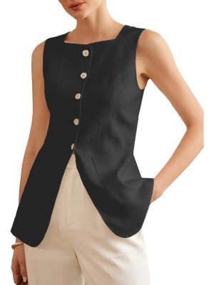 2025 Womens Summer Long Linen Vest Sleeveless Lightweight Fully-Lined Single Breasted Casual Work Tops Pockets