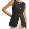 2025 Womens Summer Long Linen Vest Sleeveless Lightweight Fully-Lined Single Breasted Casual Work Tops Pockets