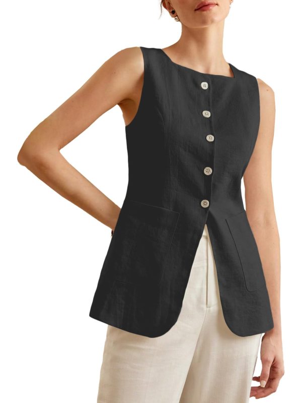 2025 Womens Summer Long Linen Vest Sleeveless Lightweight Fully-Lined Single Breasted Casual Work Tops Pockets