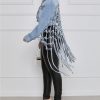 Womens Loose Long Fringe Distressed Denim Jacket Cropped Button Down Ripped Back Knotted Jean Coat