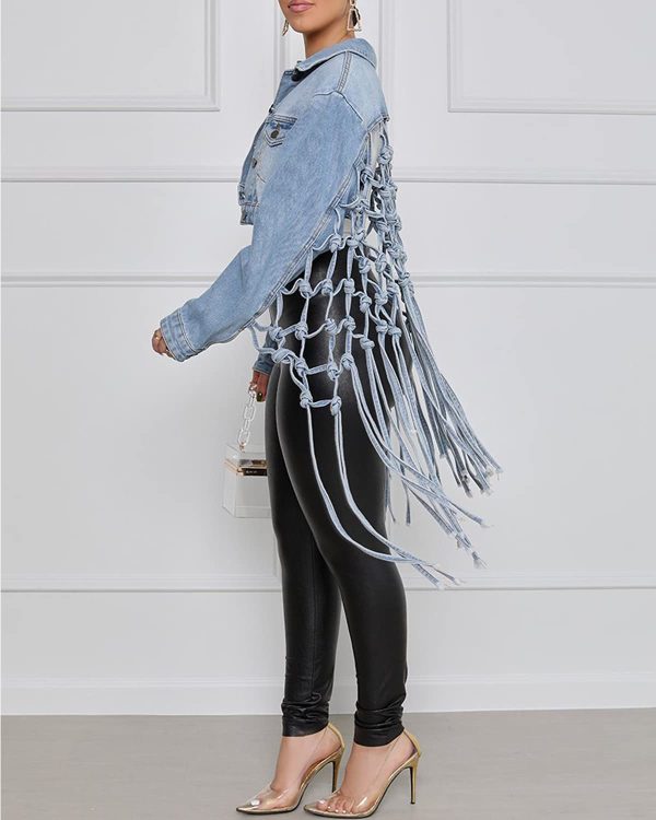 Womens Loose Long Fringe Distressed Denim Jacket Cropped Button Down Ripped Back Knotted Jean Coat