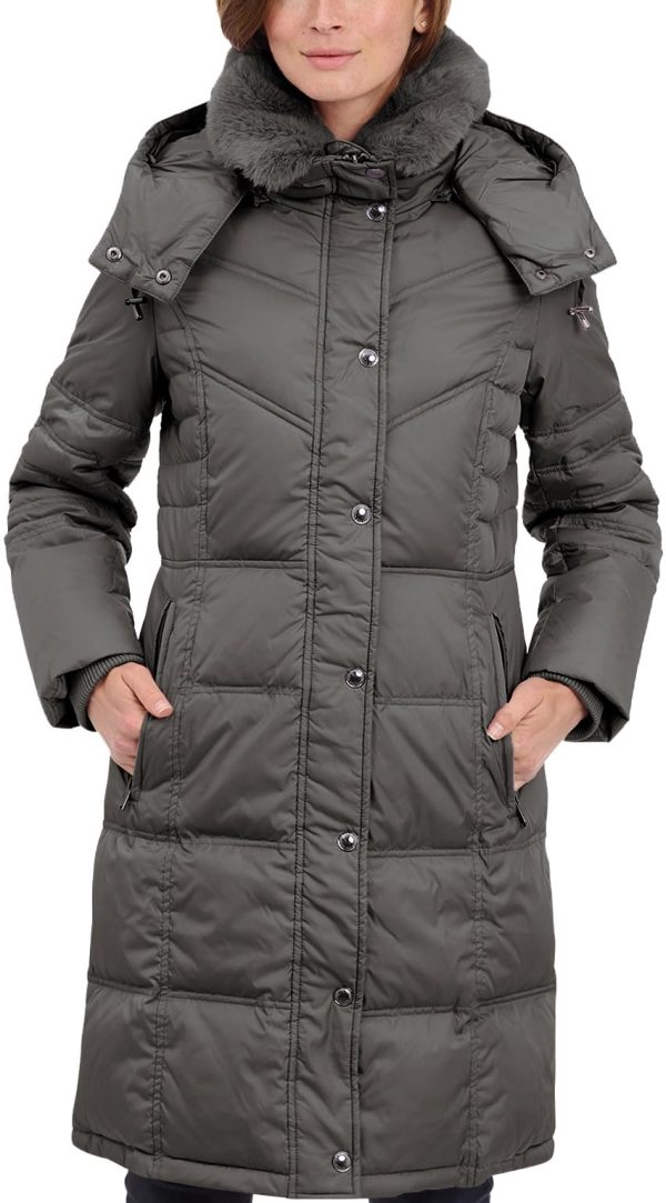 Women's Chevron Coat with Faux Fur Trimmed Hood