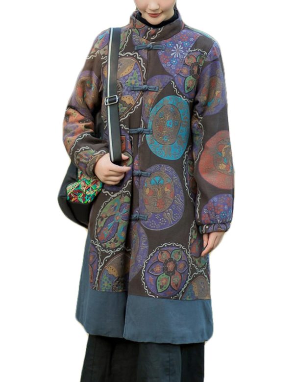 Women Winter Trench Coat Long Overcoat Printed Windbreaker Vintage Chinese Fleece Lined Warm Jacket