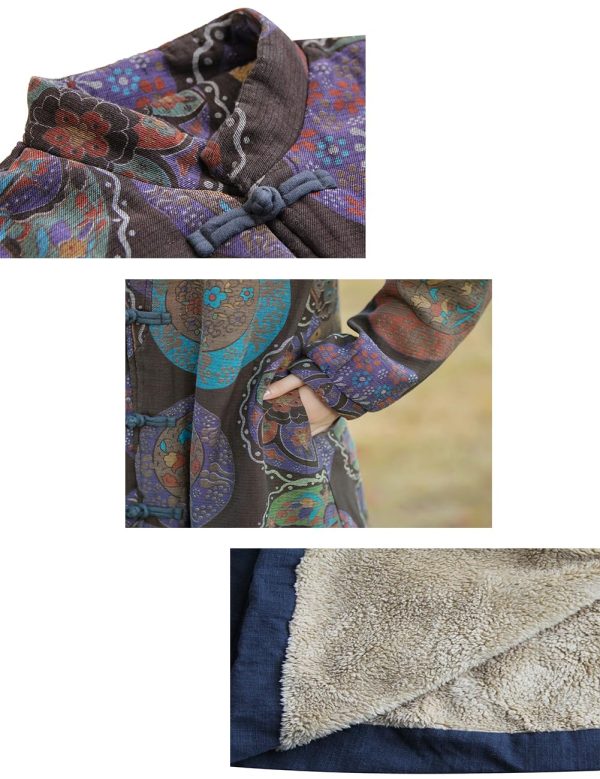 Women Winter Trench Coat Long Overcoat Printed Windbreaker Vintage Chinese Fleece Lined Warm Jacket