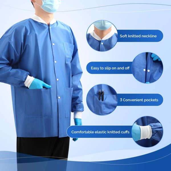 10-50 Pack Disposable Lab Jackets, SMS Medical Jackets/Coats for Men and Women, Knit Cuffs & Collar, 3 Pockets