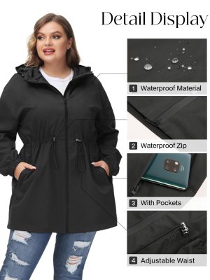 Women's Plus Size Long Hooded Raincoat Lightweight Waterproof Windbreaker Jacket