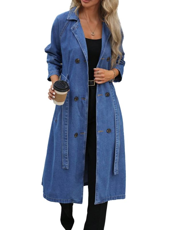 Womens Long Denim Jacket Plus Size Lapel Collar Long Sleeve Trench Coat Button Down Over Knee Tunic Outerwear