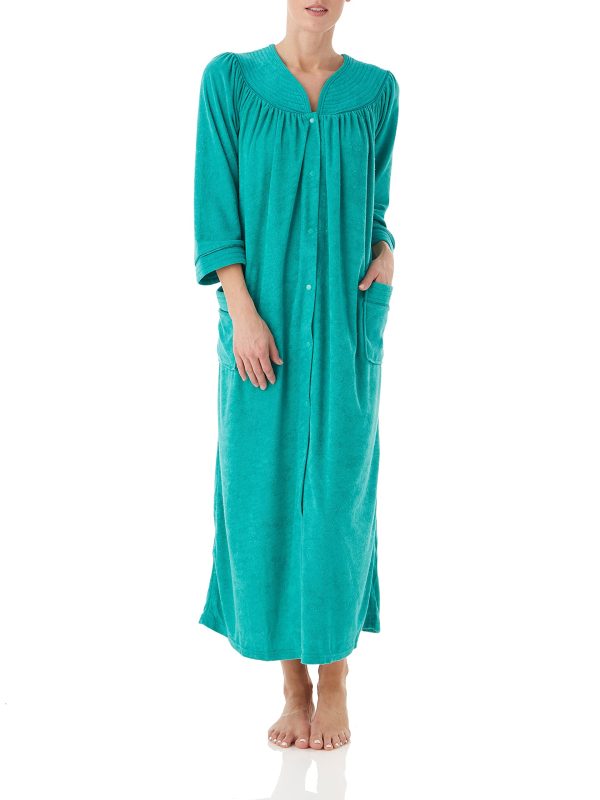 Women Full-Length Snap Front Terrycloth Long Bathrobe – Loose Absorbent Full-Coverage Plush Long Ankle Bath Robe