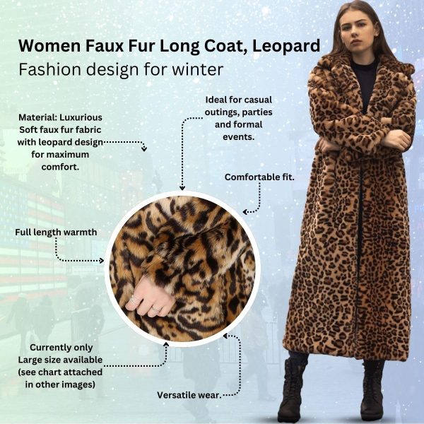 Women's Long Coat Faux Fur, Leopard print, warm, long sleeves, Fashion design, (Large size available)