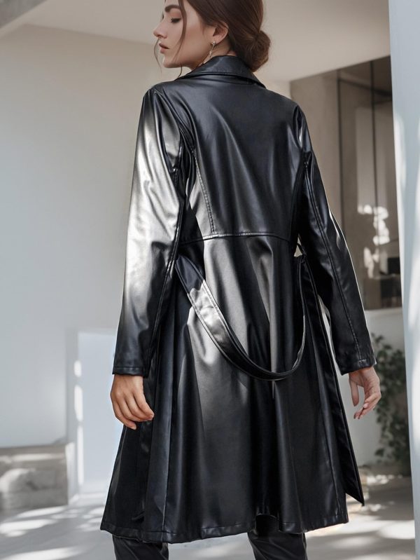 Women Trench Coat Long Jacket PU Leather Classic Lapel Coat with Belt