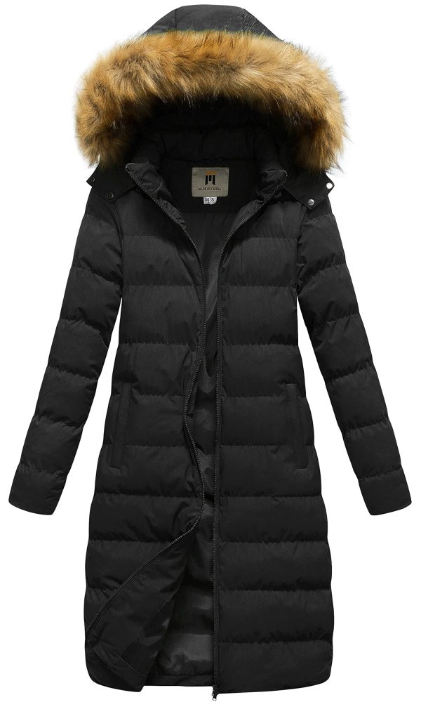 Women's Long Winter Faux Fur Coat Puffer Warm Jacket with Detachable Hood