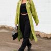 Women's Casual PU Leather Long Jacket Lapel Open Front Trench Coat with Belt