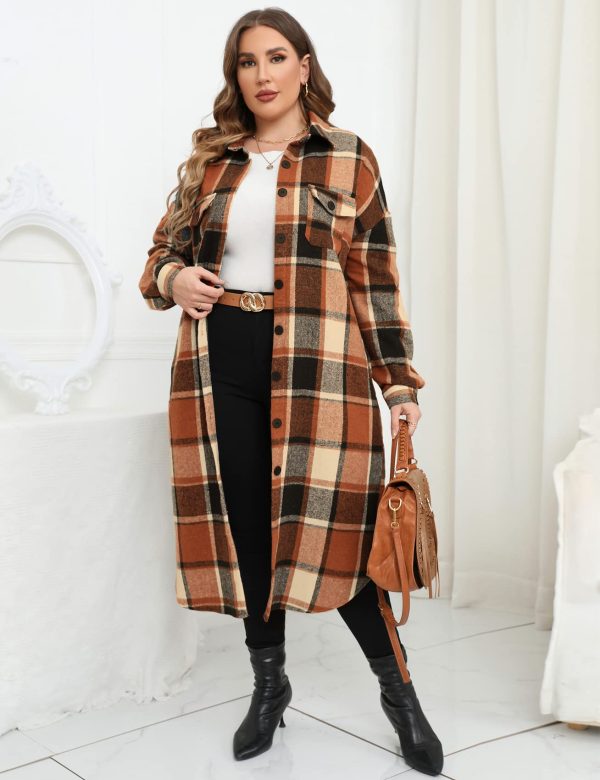 2024 Women's 0X-5X Plus Size Long Flannel Plaid Shacket Jacket Oversized Button Down Coats Shirts with Pockets