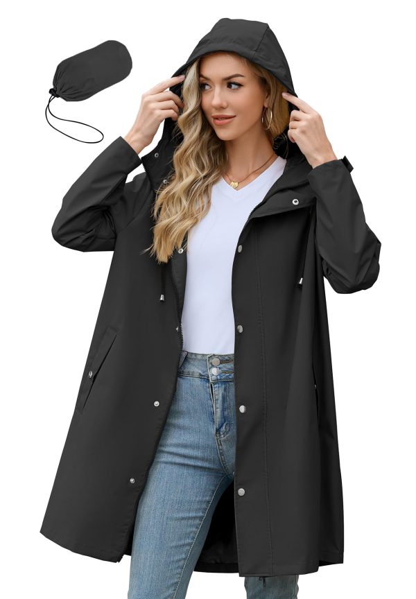 Long Rain Coat for Women Packable Rain Jacket Womens Waterproof Raincoat Lightweight Hooded Windbreaker Trench Coat