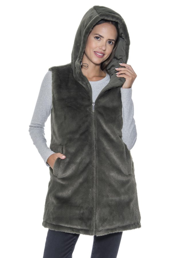 S.E.B Women's Long Reversible Puffer Vest with Hood, Puffy Sleeveless Vest Reverses to Lux Faux Fur for Winter and Fall