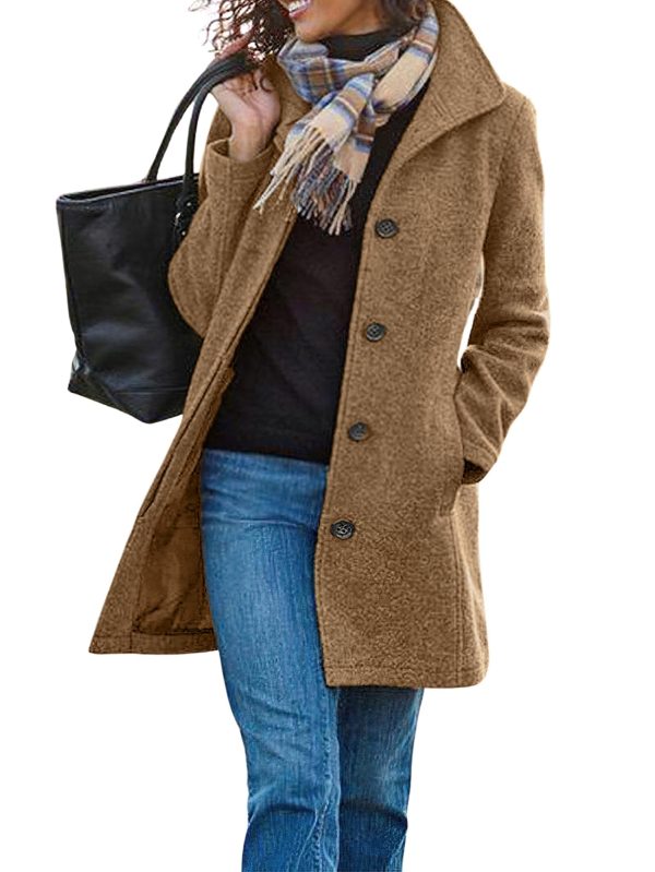 Women's Casual Thicken Single Breasted Pea Coat Stand Collar Mid Long Wool Coats with Pockets