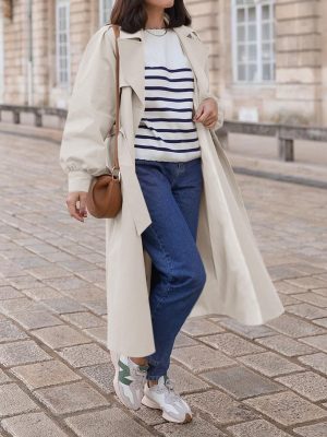 Womens Long Trench Coat Fall Fashion Oversized Double Breasted Lapel Overcoat Outerwear with Belt