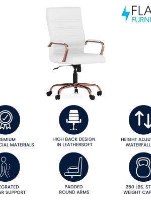 Whitney High-Back Swivel LeatherSoft Desk Chair with Padded Seat and Armrests, Adjustable Height Padded LeatherSoft Office