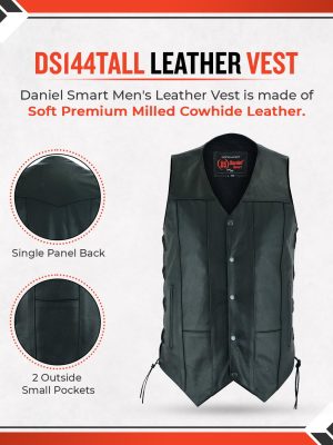 Daniel Smart Men’s leather Vest–Classic Side laces Black Unique Design Motorcycle leather vest with Inside Carry Pocket