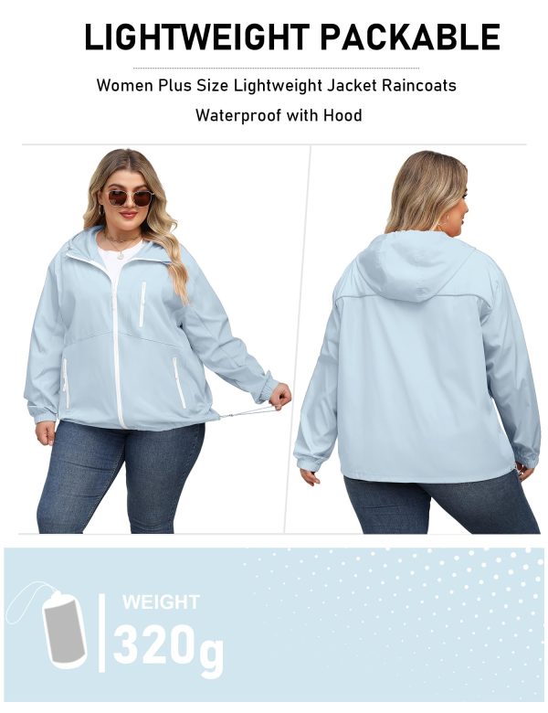Plus Size Womens Rain Jacket with Hood Waterproof Raincoats Lightweight Packable Outdoor Trench Coat XL-5XL