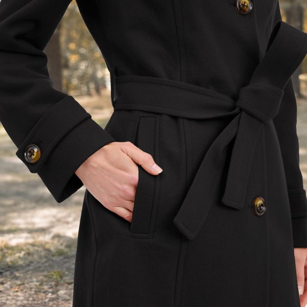 Women's Double Lapel Thigh Length Button Front Wool Coat with Belt