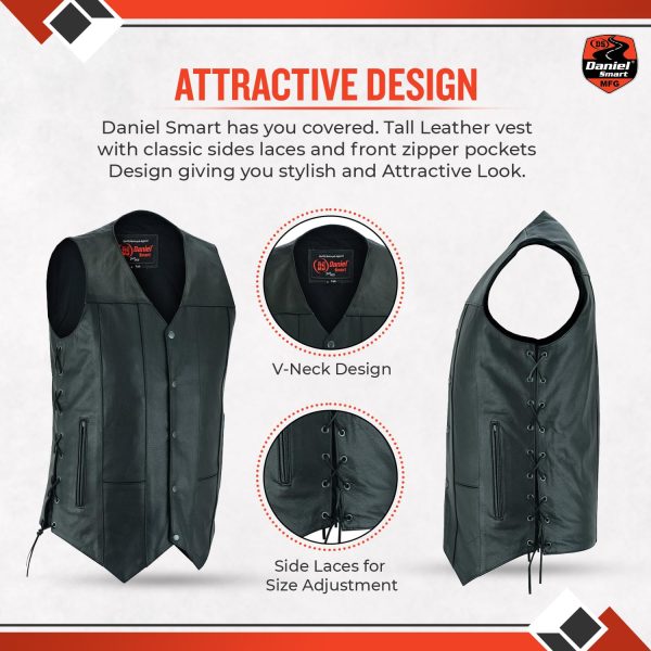 Daniel Smart Men’s leather Vest–Classic Side laces Black Unique Design Motorcycle leather vest with Inside Carry Pocket