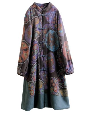 Women Winter Trench Coat Long Overcoat Printed Windbreaker Vintage Chinese Fleece Lined Warm Jacket