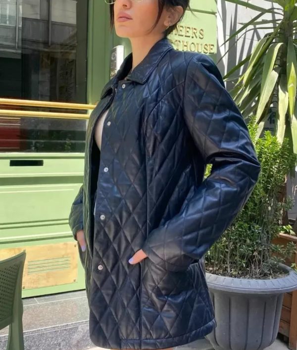 Womens Quilted Style Leather Coat Long Length Button-Up Coat Black Leather Shirt Style Coat For Womens