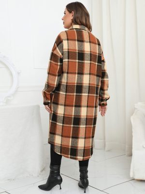 2024 Women's 0X-5X Plus Size Long Flannel Plaid Shacket Jacket Oversized Button Down Coats Shirts with Pockets