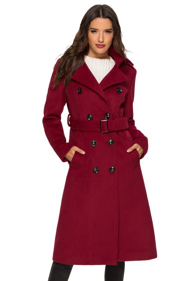 Womens Wool Coat Double Breasted Pea Coat Winter Long Trench Coat with Belt
