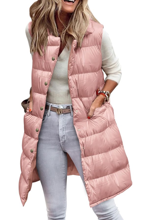 Women's Fall Long Puffer Vest Collared Sleeveless Button Down Warm Jackets Coat Casual Trendy Winter Outerwear