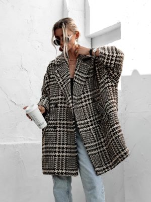 Women Winter Houndstooth Wool Blend Coat Notch Lapel Loose Warm Mid Long Double Breasted Peacoat
