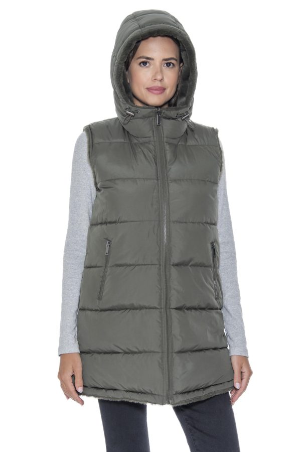 S.E.B Women's Long Reversible Puffer Vest with Hood, Puffy Sleeveless Vest Reverses to Lux Faux Fur for Winter and Fall