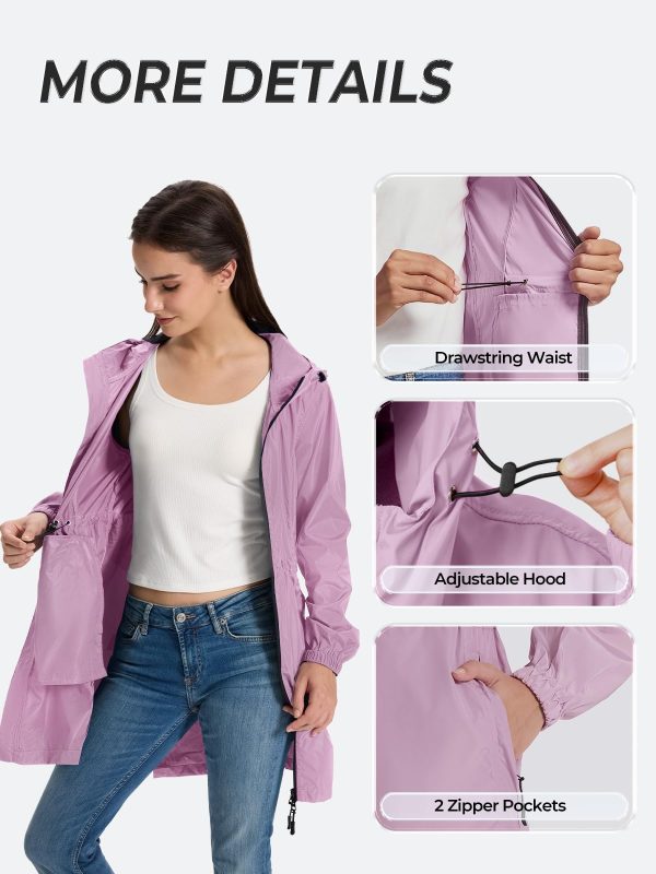 Women's Long Packable Raincoat Waterproof Rain Jacket Lightweight Outdoor Windbreaker with Hood
