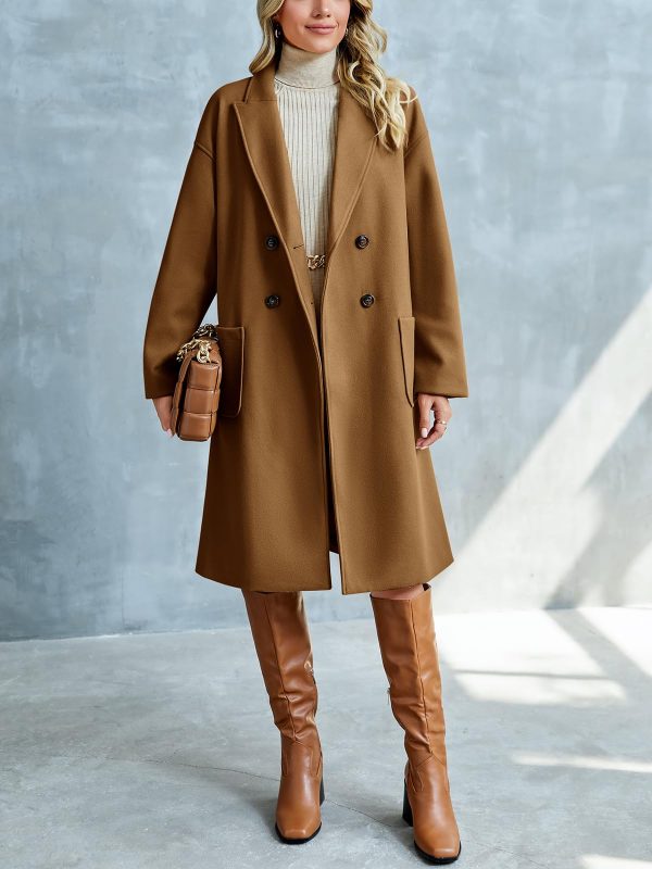 Womens Lapel Peacoat Winter Double-Breasted Outerwear Mid Long Jacket Casual Trench Coat