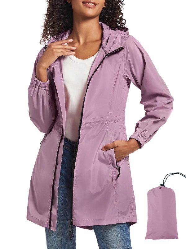 Women's Long Packable Raincoat Waterproof Rain Jacket Lightweight Outdoor Windbreaker with Hood
