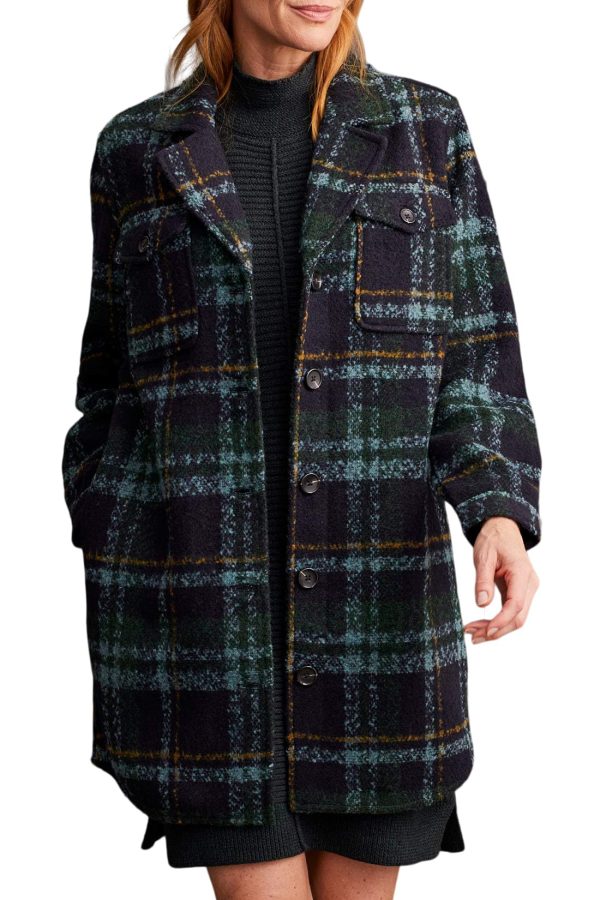 Women's Boucle Plaid Jacket Flap-top Patch Chest Pockets with Notch Collar