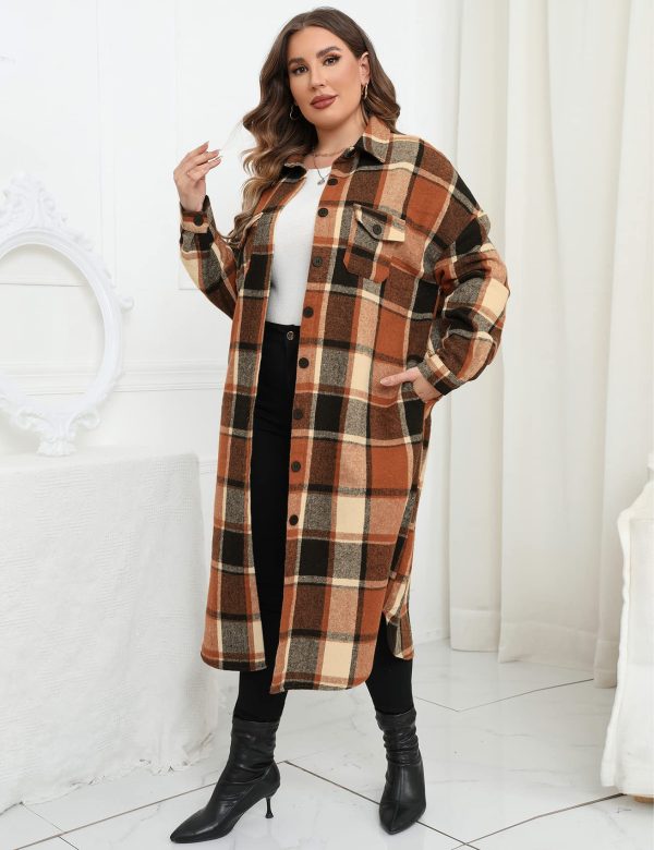 2024 Women's 0X-5X Plus Size Long Flannel Plaid Shacket Jacket Oversized Button Down Coats Shirts with Pockets