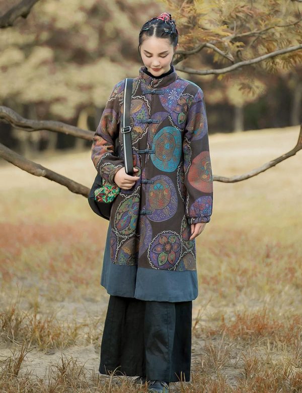 Women Winter Trench Coat Long Overcoat Printed Windbreaker Vintage Chinese Fleece Lined Warm Jacket