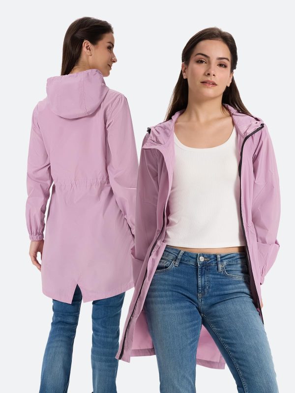 Women's Long Packable Raincoat Waterproof Rain Jacket Lightweight Outdoor Windbreaker with Hood